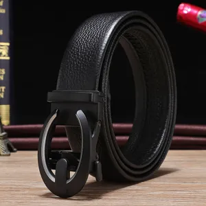 Premium men's black leather belt featuring an automatic buckle and lychee grain