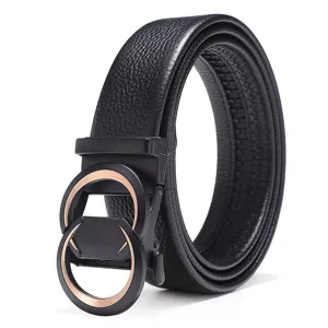 Classic men's black genuine leather belt with stylish automatic buckle and golden accents