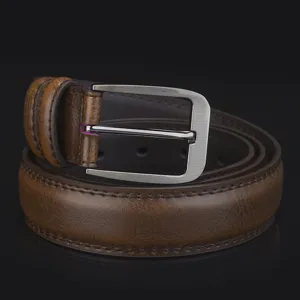 Professional brown genuine leather men's business belt with premium silver pin buckle