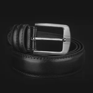 Classic black genuine leather men's belt with a premium silver-toned metal pin buckle