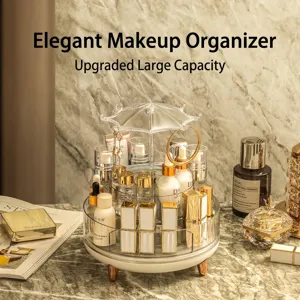 Rotating Cosmetic Storage Box Transparent Luxury Umbrella Design Jewelry Organizer Gold-Plated Makeup Case For Vanity Women