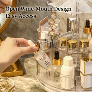 Rotating transparent makeup organizer with elegant umbrella design and gold-plated accents