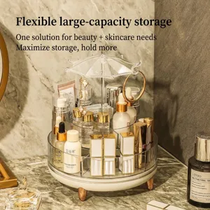 Luxury transparent rotating cosmetic organizer with gold accents and umbrella jewelry hanger