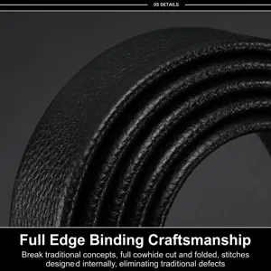 Gros plan sur une ceinture en cuir noir grainé litchi avec bordure soignée