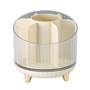 Organizador giratorio de brochas de maquillaje con compartimentos crema y pies dorados
