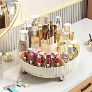 360 Rotating Cosmetic Organizer Large Capacity Desktop Skincare Storage Box Makeup Brush Lipstick Holder Ribbed Texture Tray Metal Feet