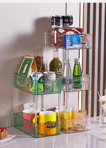 Detailed view of multi-layer transparent acrylic storage rack for home organization