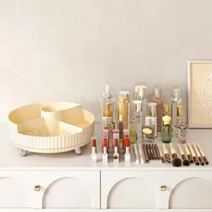 Luxurious rotating cosmetic organizer tray for desktop vanity lipstick and brush storage