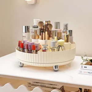 360-degree rotating cream cosmetic organizer with compartments for makeup and brushes