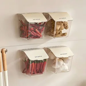 Punch-Free PET Plastic Wall Mounted Kitchen Storage Box Flip Top Transparent Organizer For Ginger Garlic Onion Small Items