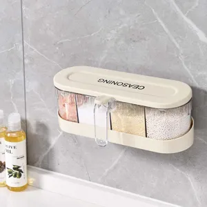 Wall Mounted Punch Free Seasoning Box Multi Grid Plastic Kitchen Storage Box Dustproof Moisture Proof Spice Container With Spoons Creamy White Quartz Grey Ins Style Kitchen Organization