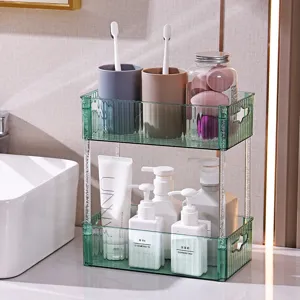 Elegant two-tier green transparent fluted acrylic cosmetic organizer rack for bathroom vanity