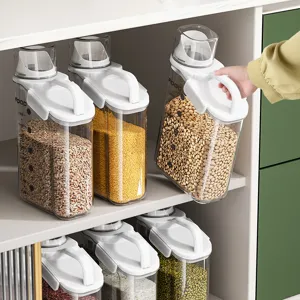 Transparent airtight food storage container with handle and measuring lid for grains