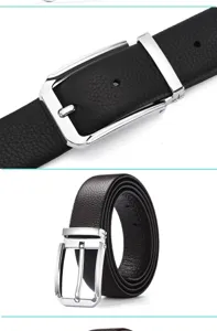 Détail d'une ceinture en cuir noir avec texture litchi et boucle à ardillon argentée