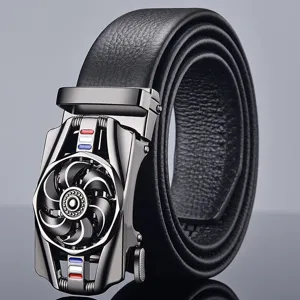 Detailed view of the rotating wheel-shaped automatic buckle on a black leather belt