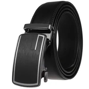 Detail of men's black cowhide leather belt with brushed metal automatic buckle.