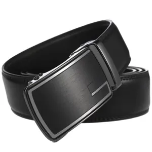 Detail view of the sleek automatic buckle on a black genuine cowhide leather men's belt
