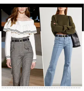 Versatile black leather belt with gold D-buckle styled on two models in different outfits