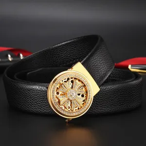 Men Business PU Leather Belt With Rotating Fortune Windmill Automatic Buckle Rhinestone Inlaid Fashion Waist Strap For Gentlemen