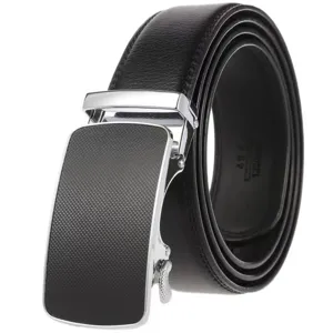 Detail view of men's black leather belt featuring a textured silver automatic buckle