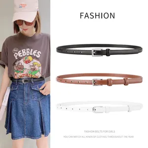 Elegant minimalist genuine leather thin belt for women with a sleek silver pin buckle