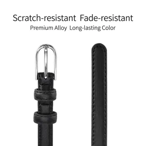 Elegant black genuine leather belt for women with silver alloy pin buckle.