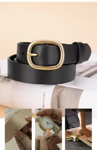 Detailed view of a black genuine leather belt with a gold-tone round buckle and quality shots.