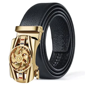 Men's leather belt with lucky wheel rotating automatic buckle in golden finish