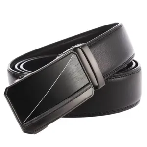 Men's classic black leather belt with a sleek automatic metal buckle for business