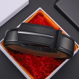 Men's Genuine Cowhide Leather Belt With Alloy Automatic Buckle Business Casual Waist Strap Classic Black Leather Belt