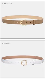 Close-up view of premium leather belts in khaki and white featuring elegant gold D-buckles