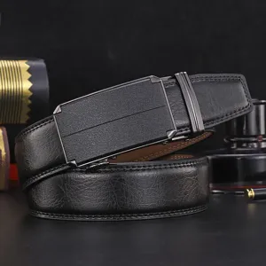 Premium men's black leather belt with a sleek automatic metal buckle for business wear