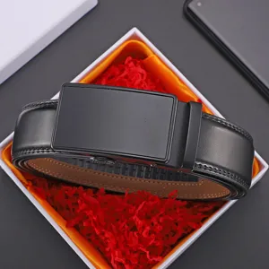 Classic men's genuine leather belt with matte black automatic buckle in gift box