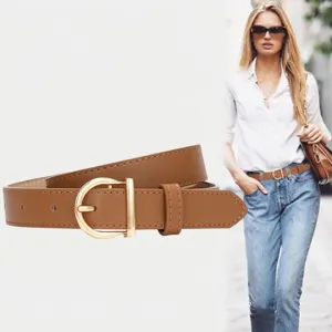 Versatile women's brown genuine leather belt with elegant gold-tone D-ring buckle