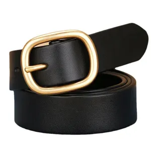Elegant black genuine leather belt for women featuring a gold-tone rounded needle buckle