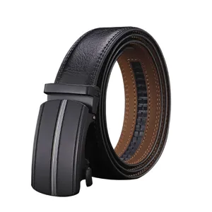 Men's genuine leather belt with matte black automatic ratchet buckle for business casual