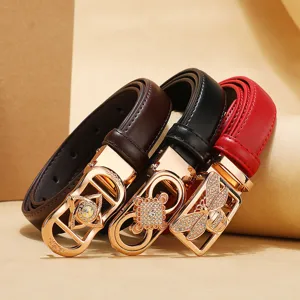 Fashionable women's leather belts with decorative gold buckles in black red and brown