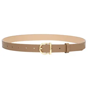 Versatile khaki genuine leather belt for women featuring a polished gold horseshoe buckle