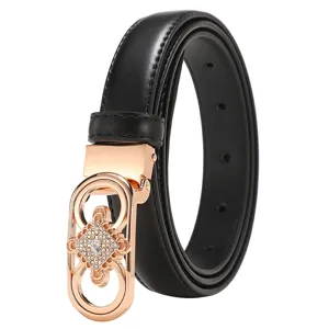 Elegant women's slim black leather belt featuring a rose gold rhinestone floral buckle.
