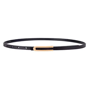 Elegante cintura sottile in vera pelle nera da donna con fibbia dorata a forma di U