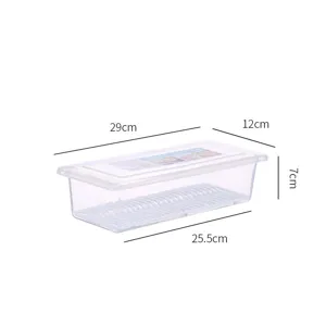 Detailed dimensions of transparent rectangular plastic food container with draining tray