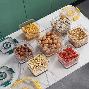 Clear plastic airtight food storage containers with date tracking lids for kitchen