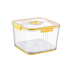 Large clear plastic fridge storage box with timer lid and removable drain plate