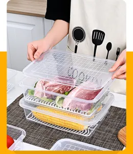 Rectangular transparent food storage container with drain rack for refrigerator
