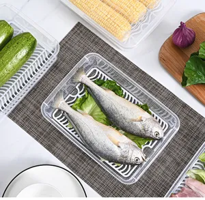 Macro view of transparent rectangular fish storage container with fresh fish inside
