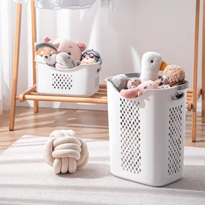Set of white plastic laundry baskets with perforated design and handles for home storage