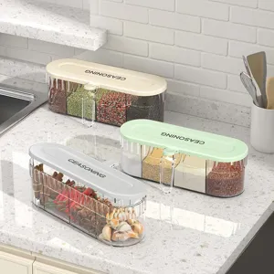 Modern 4-grid seasoning box set in beige, green, and grey for kitchen countertop storage