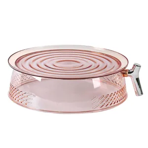 Stackable transparent pink food cover with breathable mesh design and ergonomic silver handle