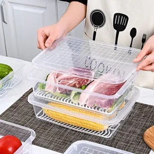 Stackable rectangular plastic refrigerator food storage containers with drainage trays