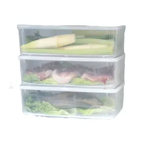 Set of three stackable rectangular airtight refrigerator food storage containers with lids